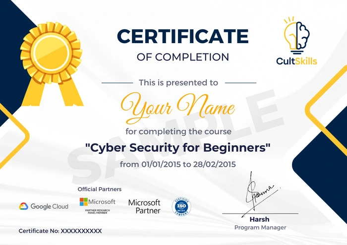 Cult Skills Cyber Security for Beginners Sample Certificate